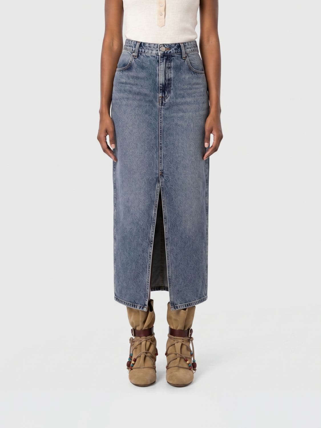 Isabel Marant High-Waisted Lyocell Denim Midi Pencil Skirt with Front Slit
