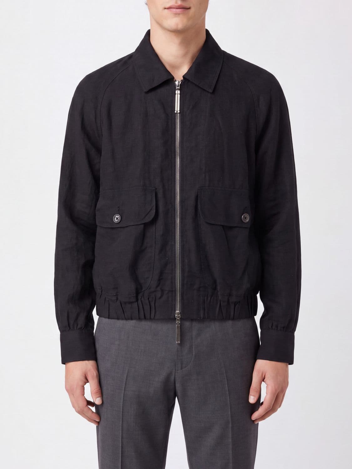 Ziggy Chen Shirt-Style Pure Linen Bomber Jacket with Zip and Patch Pockets