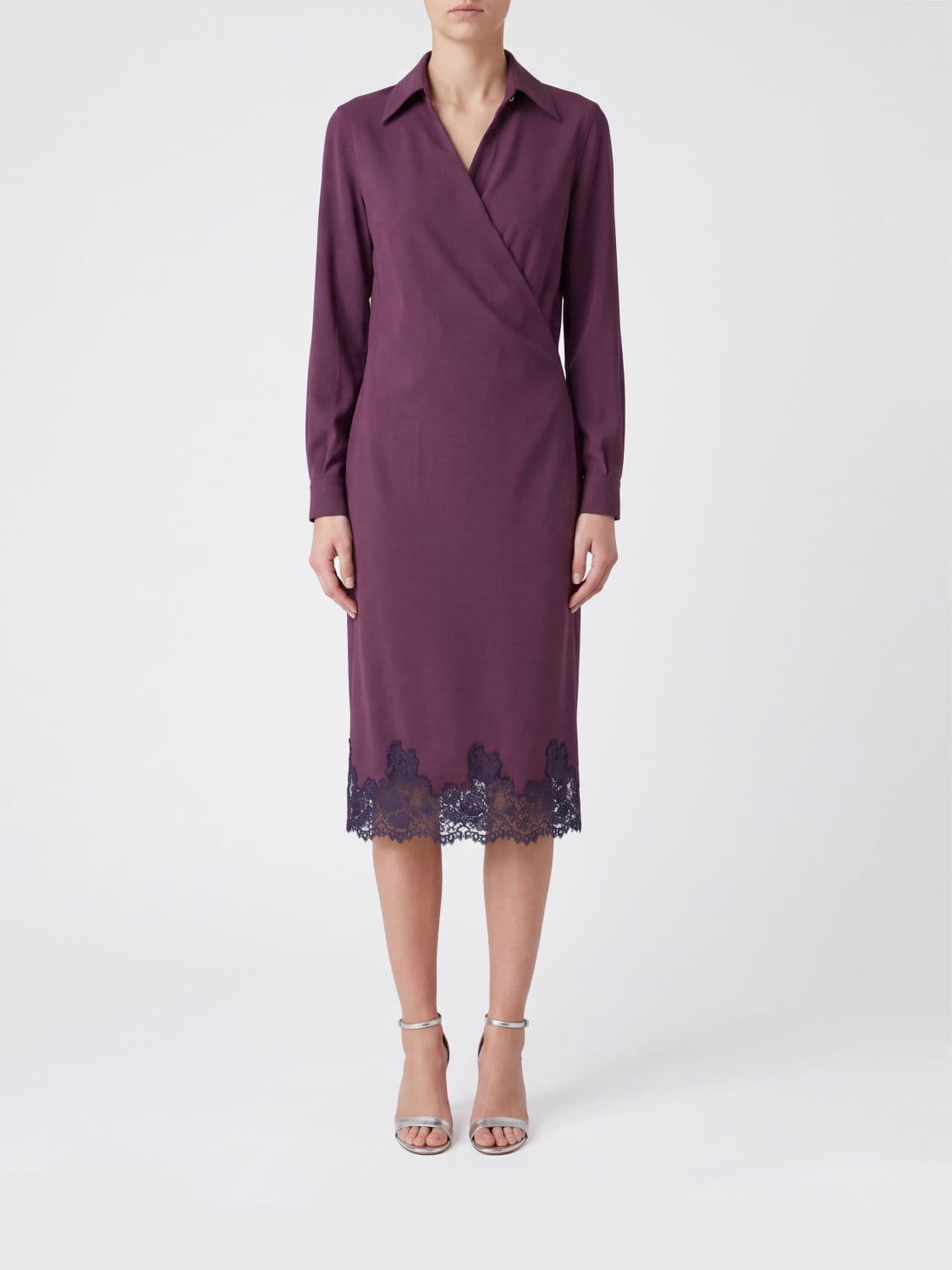 Alberta Ferretti Midi Shirt Dress in Wool Blend with Lace Inserts