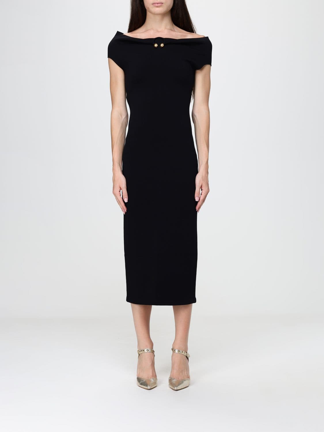 Alberta Ferretti Off-the-Shoulder Midi Sheath Dress with Back Slit