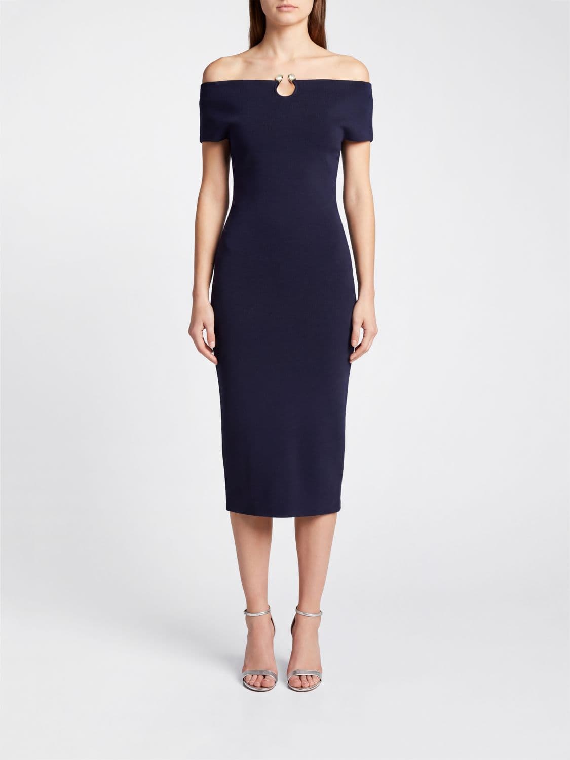Alberta Ferretti Off-the-Shoulder Midi Sheath Dress with Back Slit