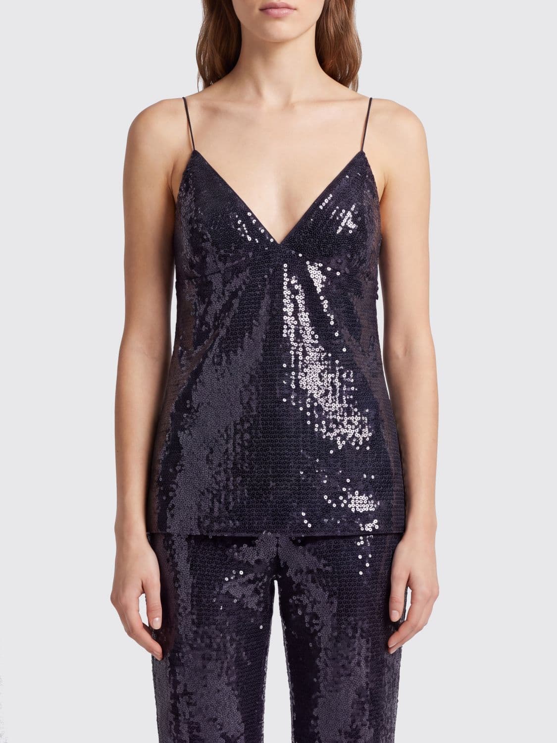 Alberta Ferretti Slim Fit V-Neck Evening Top with all-over sequins
