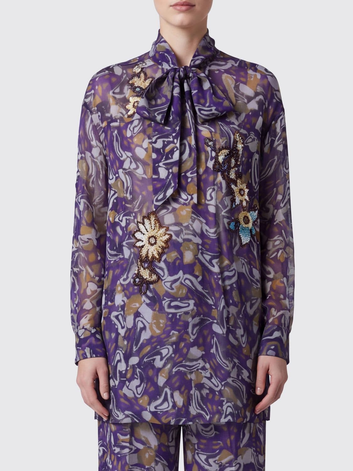 Dries Van Noten Abstract Print Viscose Blouse with Scarf Neck and Floral Appliqué