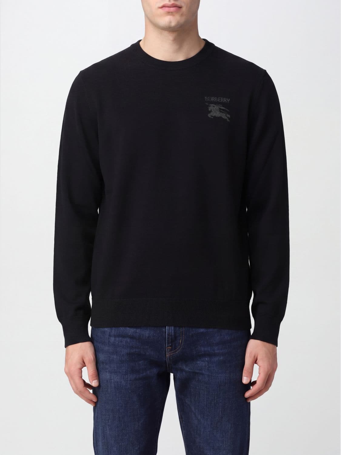Burberry Crewneck Jumper in pure black wool with embroidered EKD logo