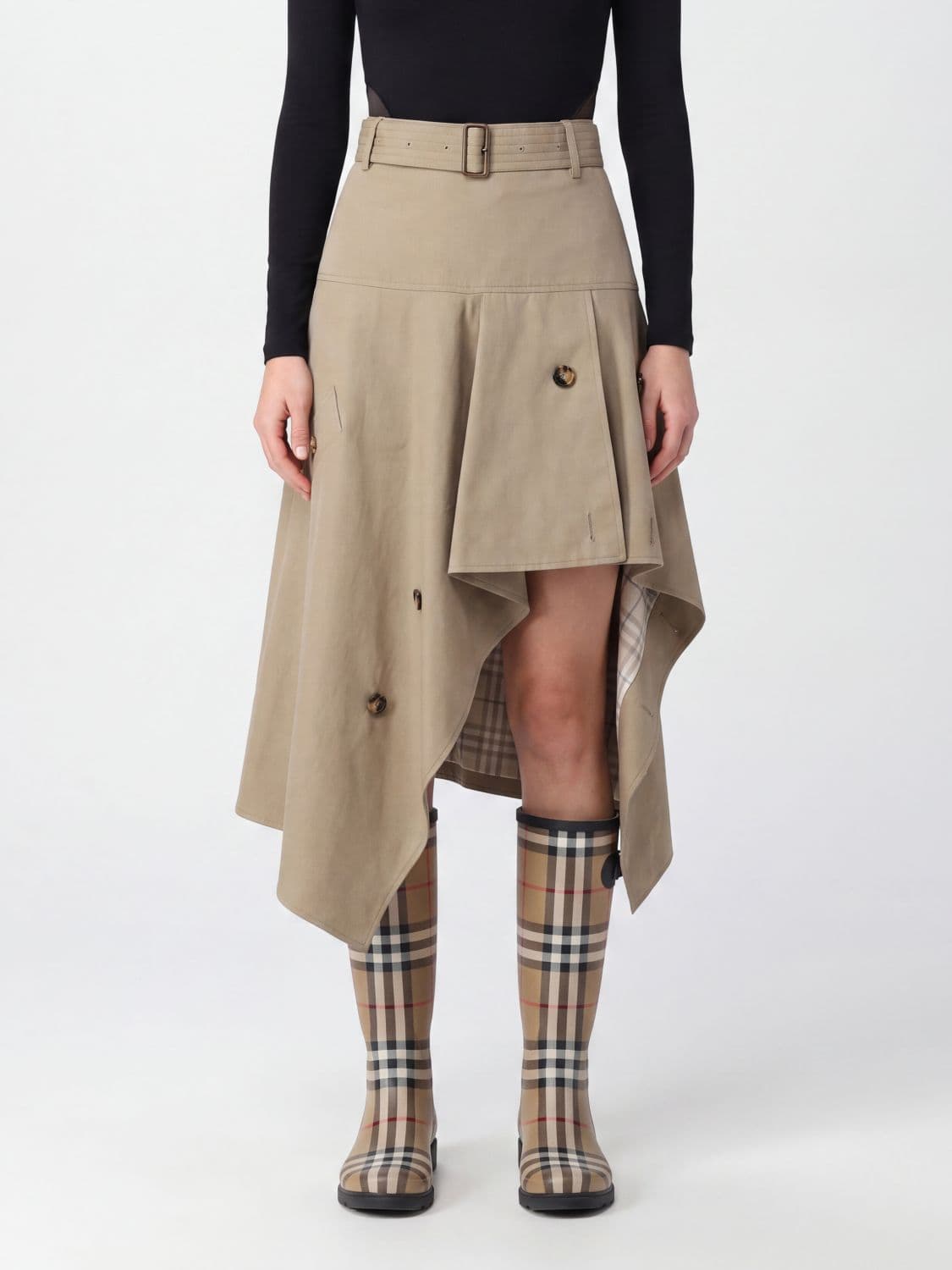 Burberry Asymmetrical Cotton A-Line Midi Skirt with High Waist and Belt