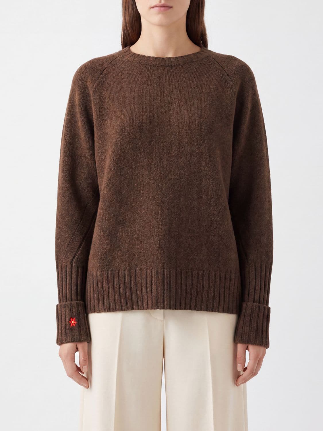 Tory Burch Wool Crewneck Jumper with Turn-Up Cuffs