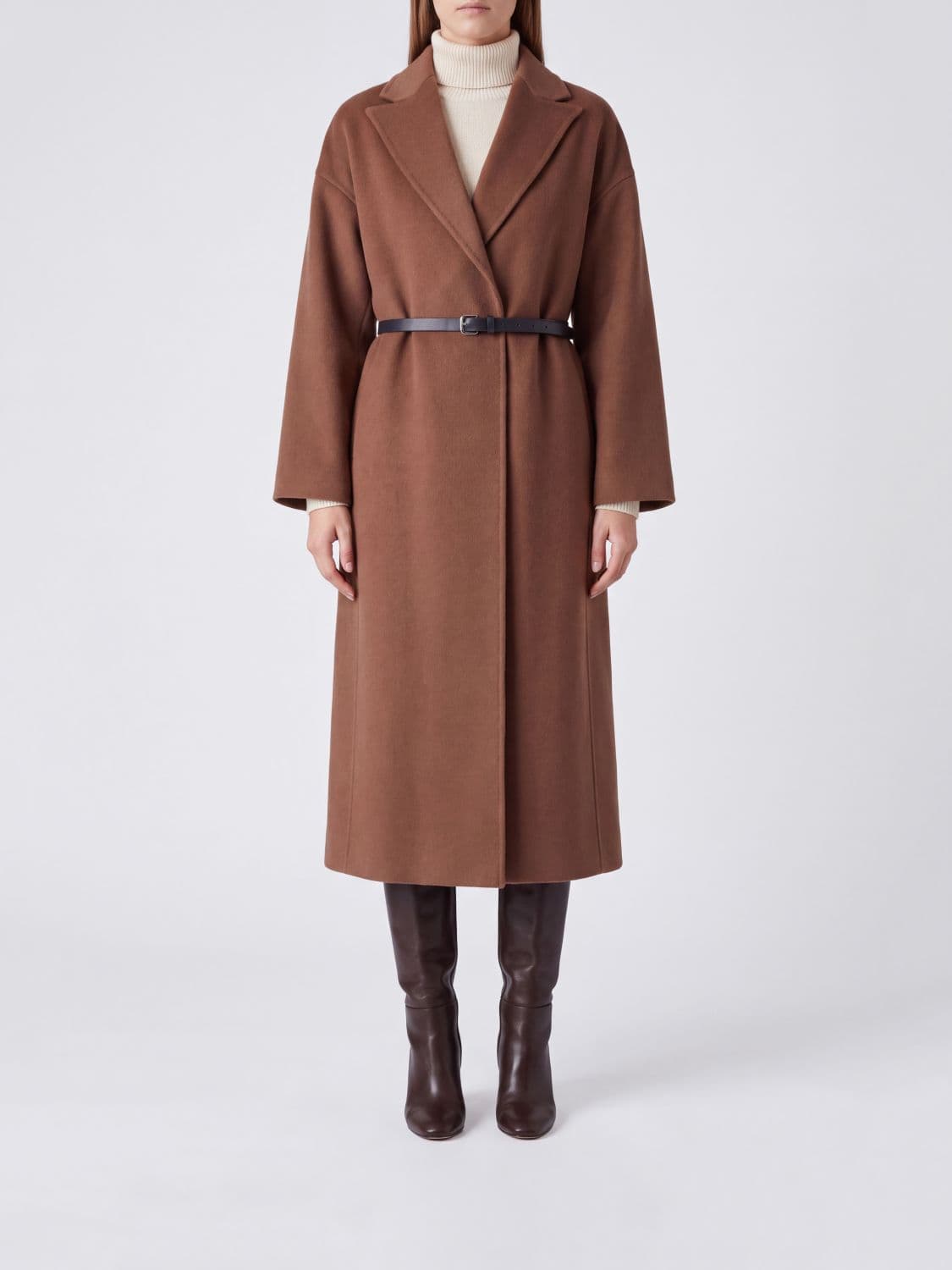 Semicouture Peak Lapel Long Wool Robe Coat with Self-Tie Belt