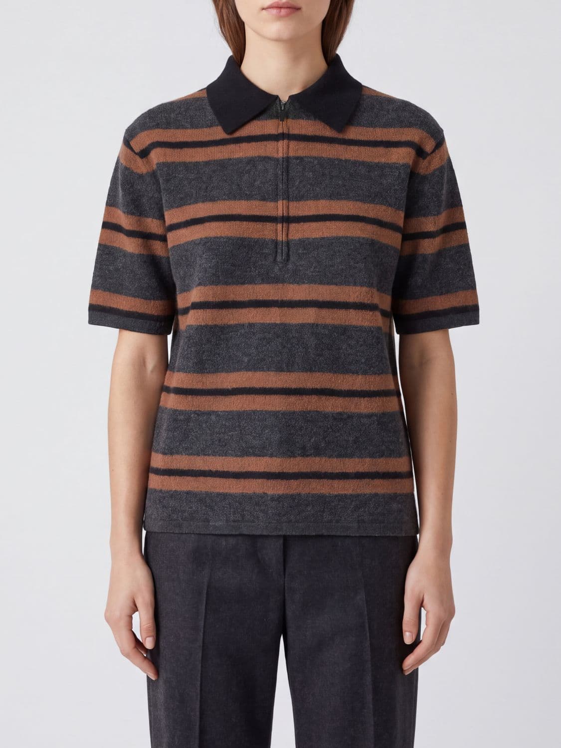 Semicouture Striped Virgin Wool Knit Polo with Zip Closure
