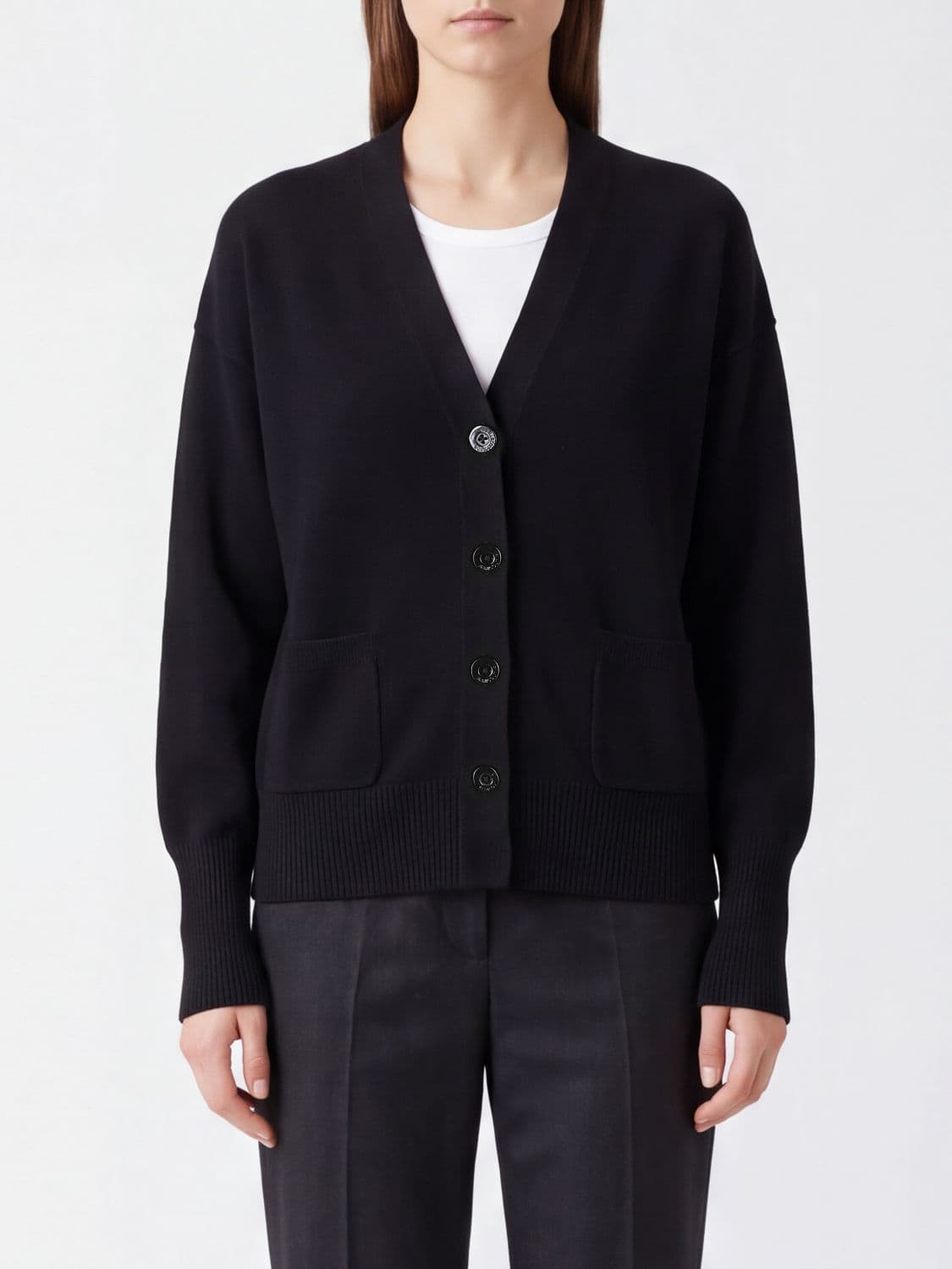 Semicouture Esther Wool Cardigan with V-Neck and Patch Pockets