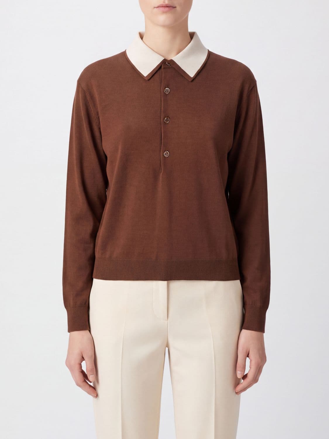 Semicouture Long-Sleeved Wool Knit Polo Shirt with Ribbed Collar