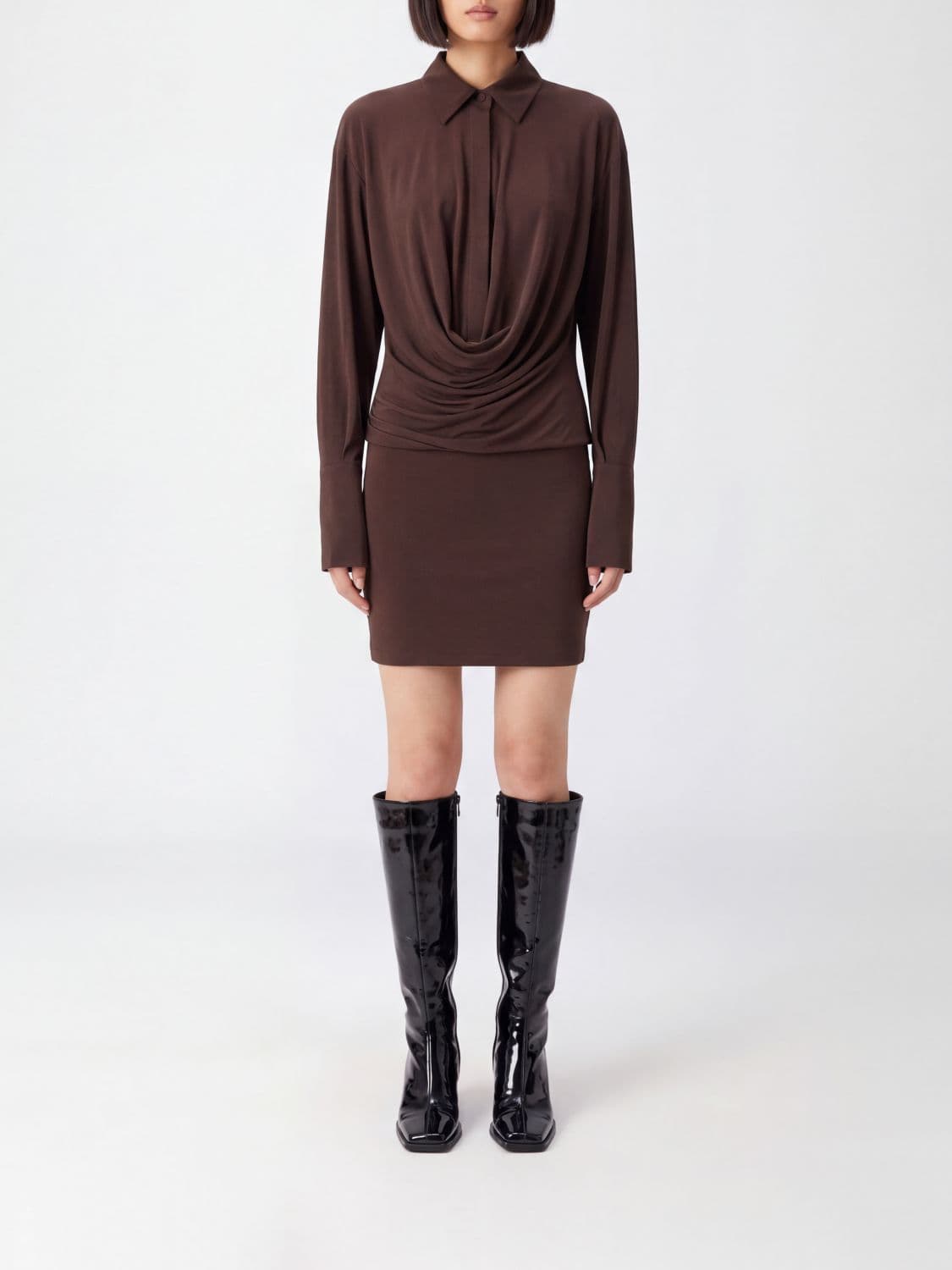 The Andamane Sheath Mini Dress in Jersey with Deep V-Neck