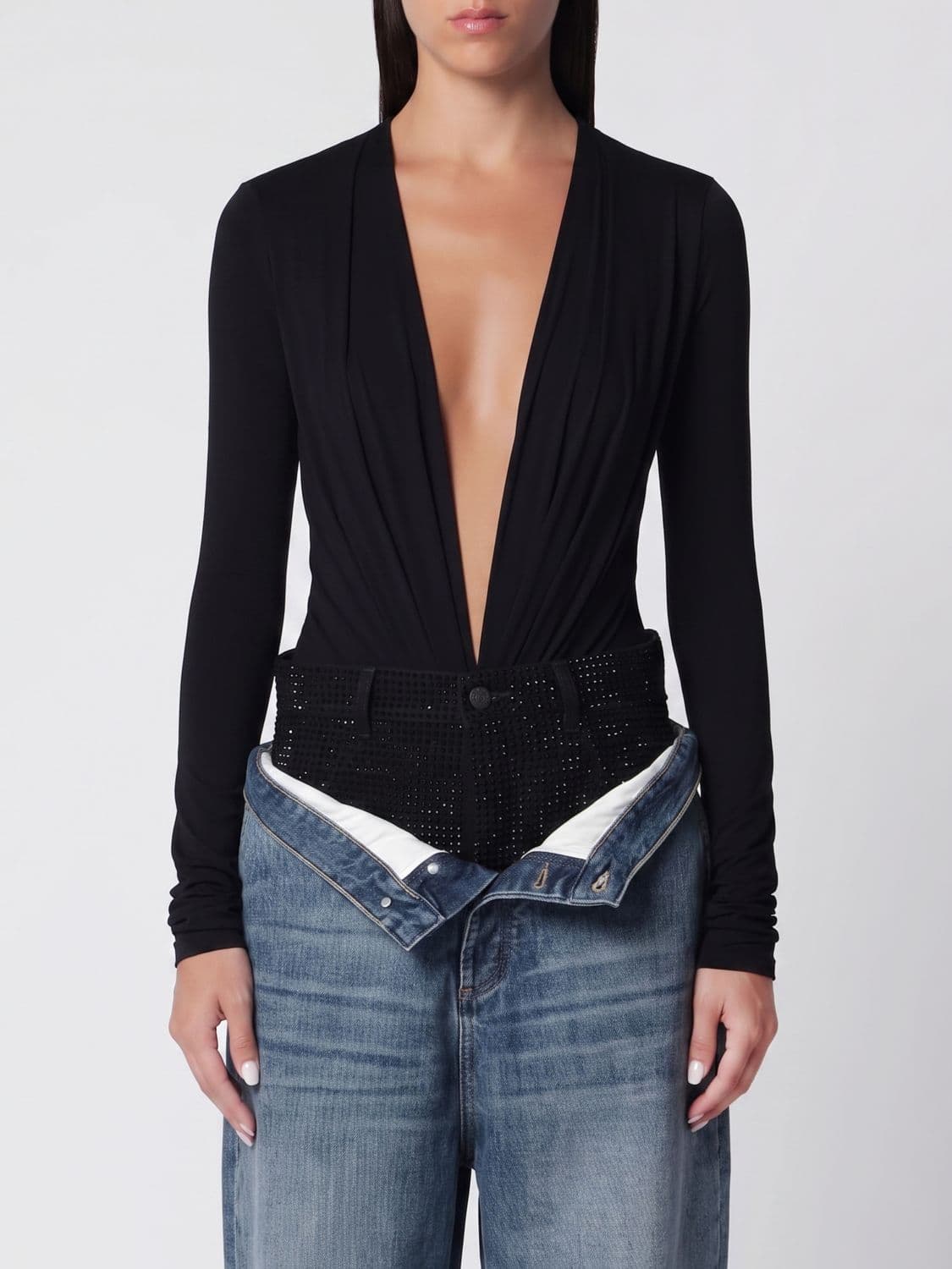 The Andamane Deep V-Neck Stretch-Viscose Bodysuit with Long Sleeves