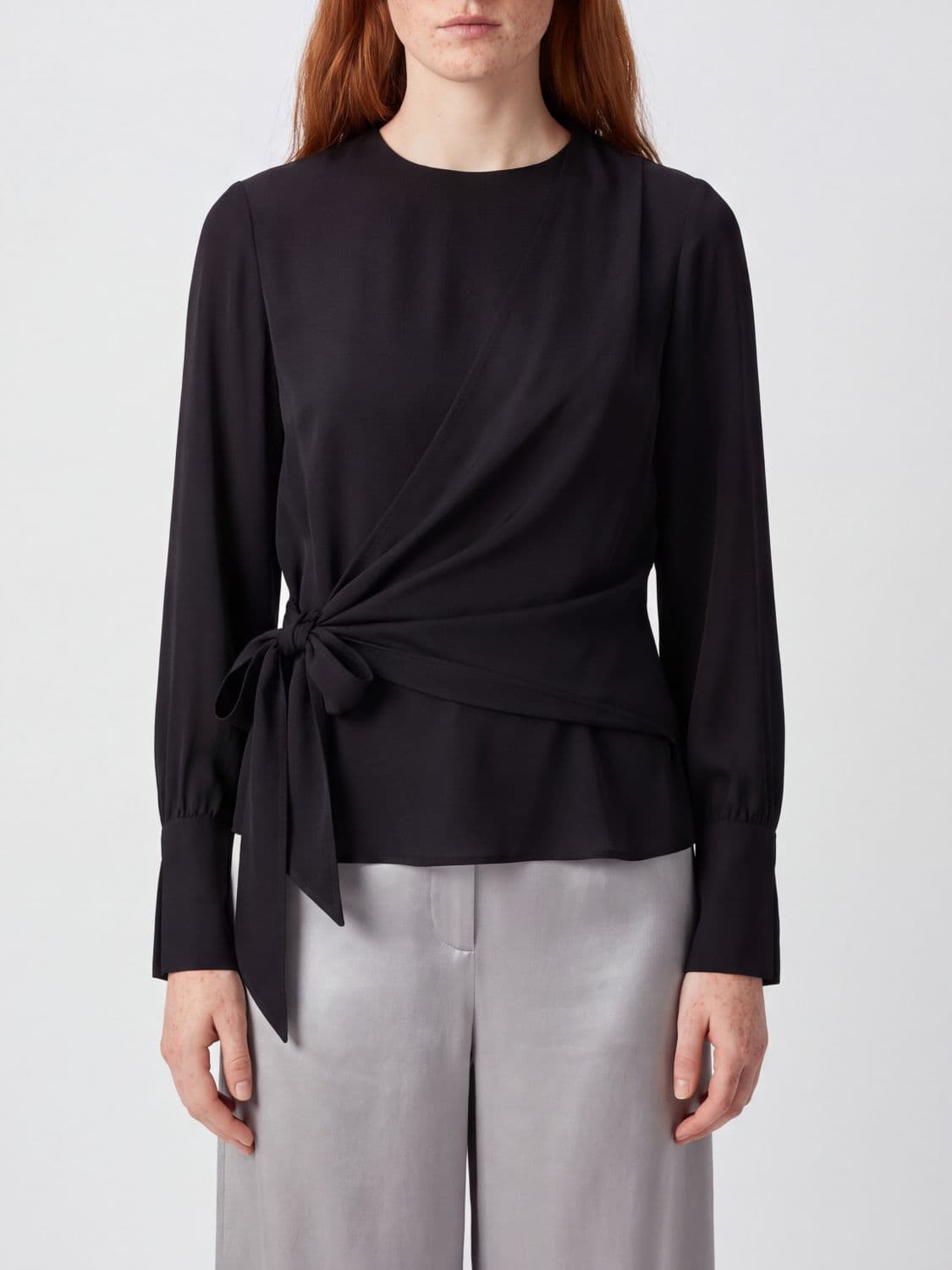 Federica Tosi Draped Viscose Blouse with Tie-Waist Belt and Long Sleeves