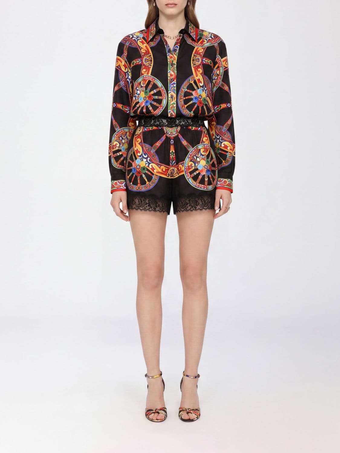 Dolce & Gabbana Carretto Siciliano Print Silk Playsuit with Lace Trim · 40