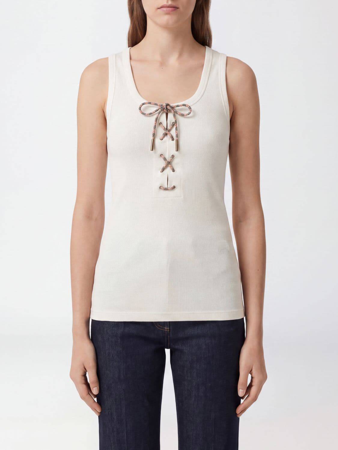Burberry Slim Fit Cotton Top with Square Neckline and Ties