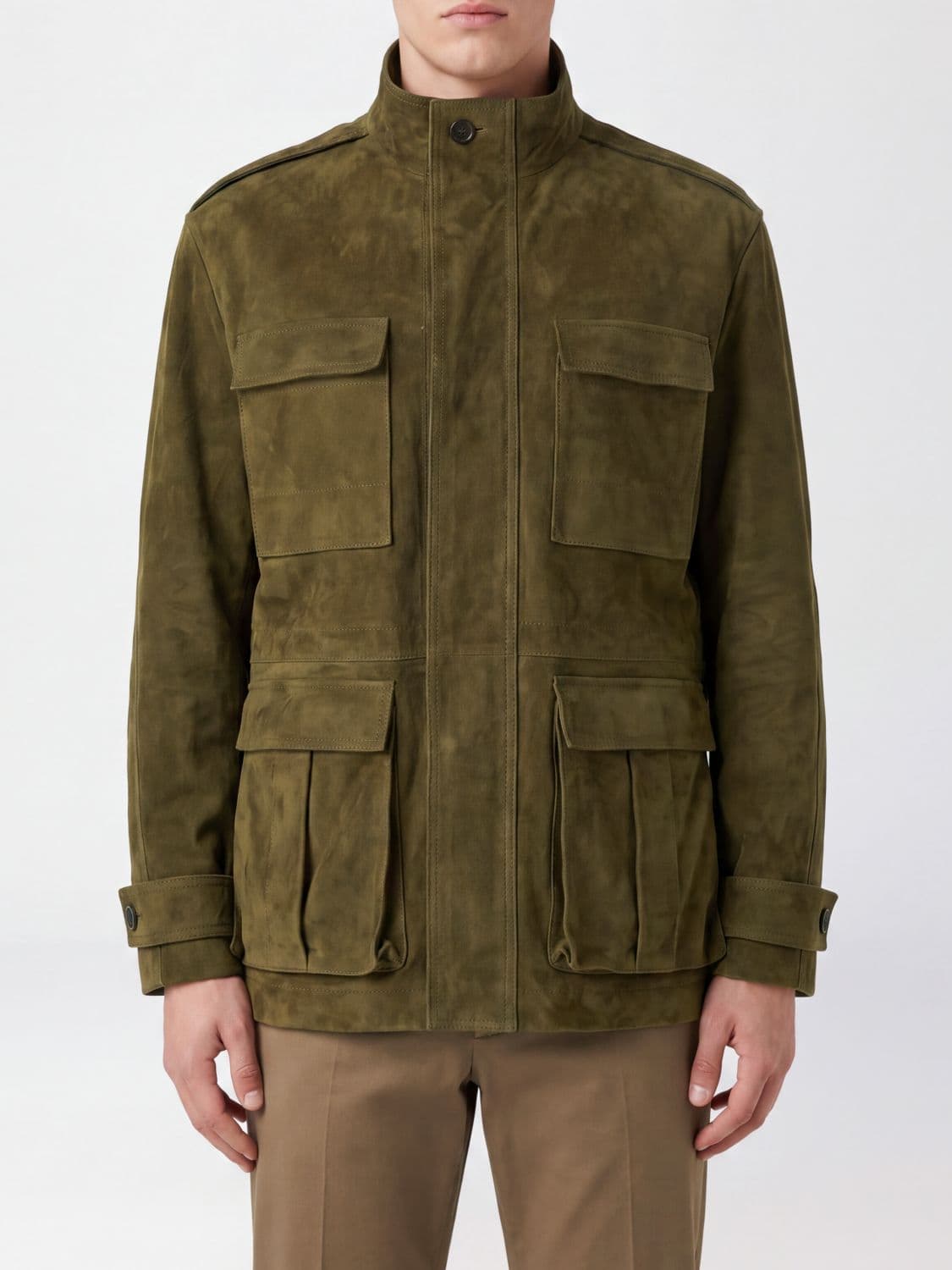 Ferragamo Suede Lambskin Utility Jacket with High Collar and Patch Pockets
