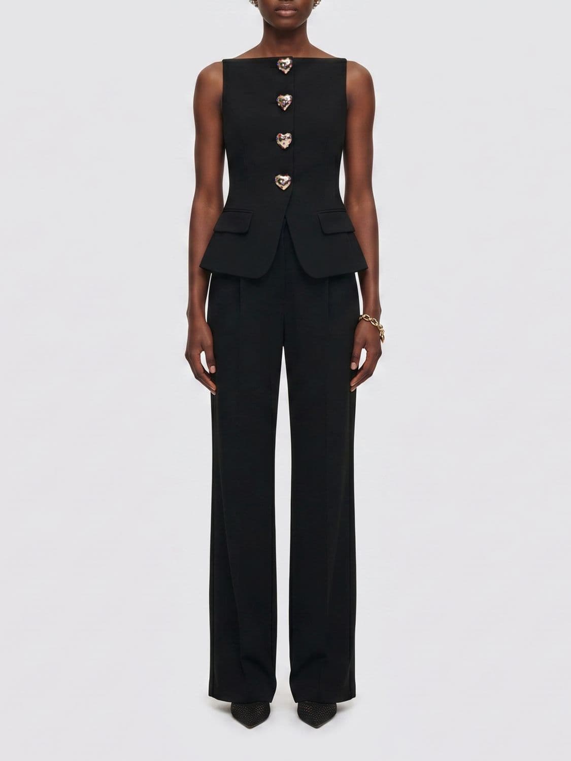 Self-Portrait Off-the-Shoulder Wool Jumpsuit with Jewel Buttons