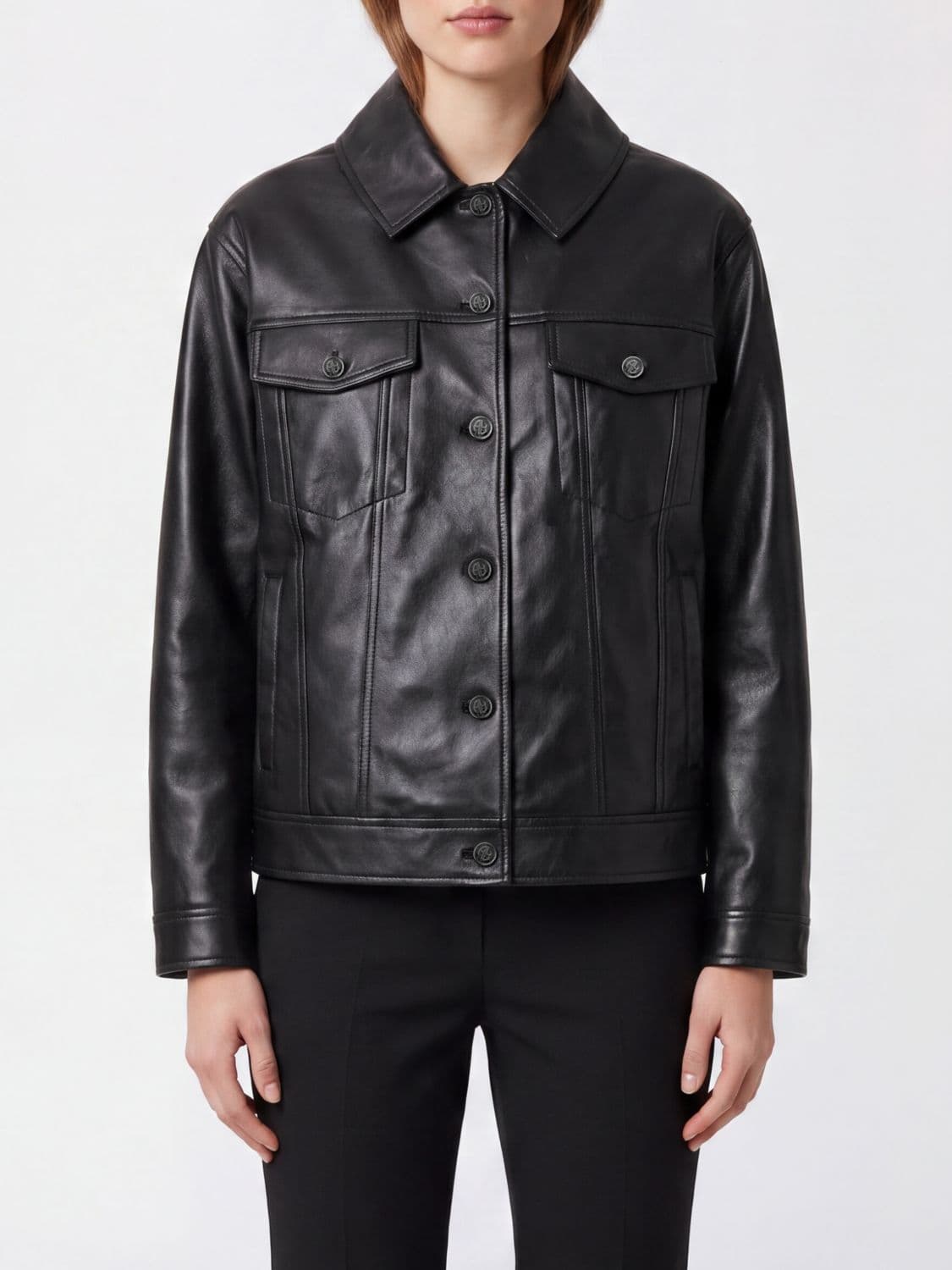 Anine Bing Calfskin Leather Jacket with Classic Collar and Patch Pockets