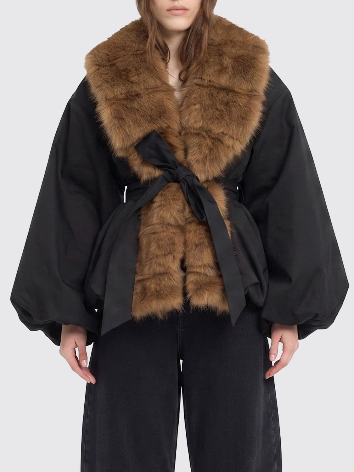 Rotate Faux Fur Coat with Balloon Sleeves and Belt