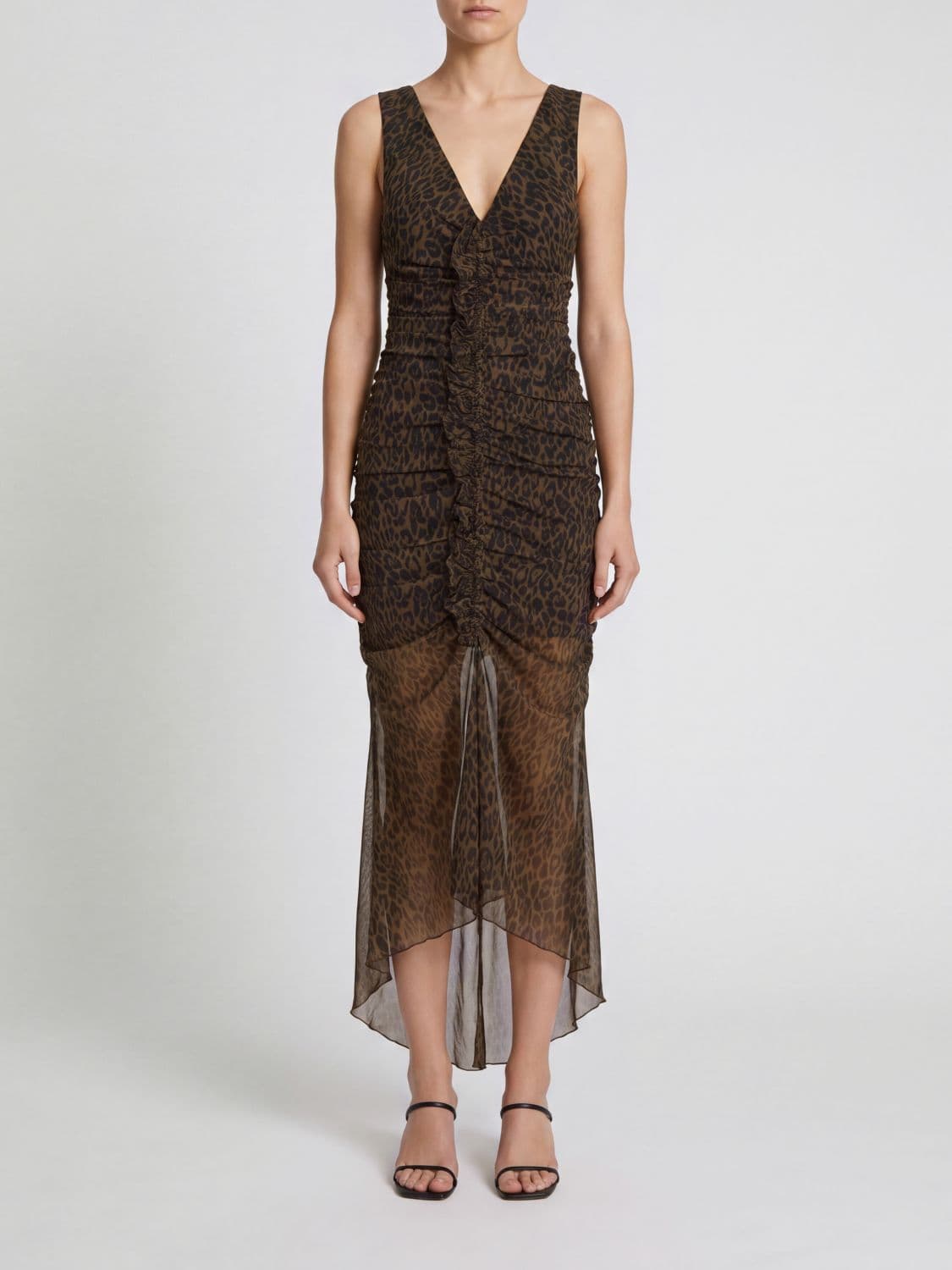 Rotate Animalier Print Ruched Off-The-Shoulder Midi Sheath Dress