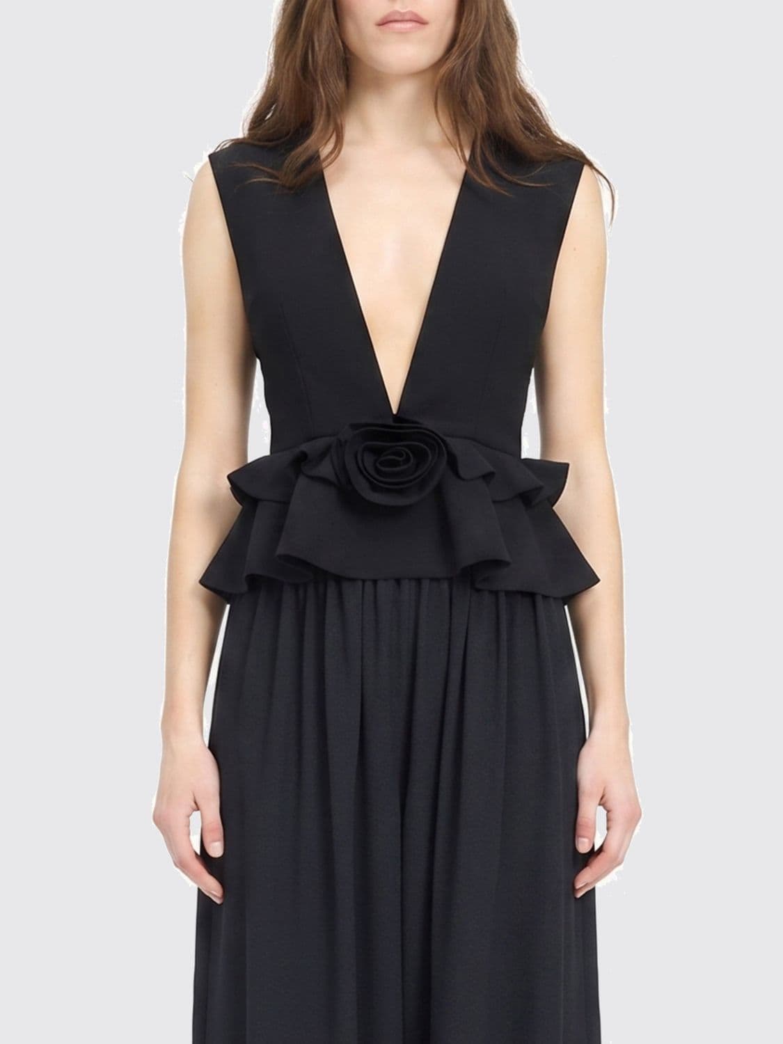 Rotate Sleeveless V-Neck Evening Top with Floral Appliqué and Ruffles