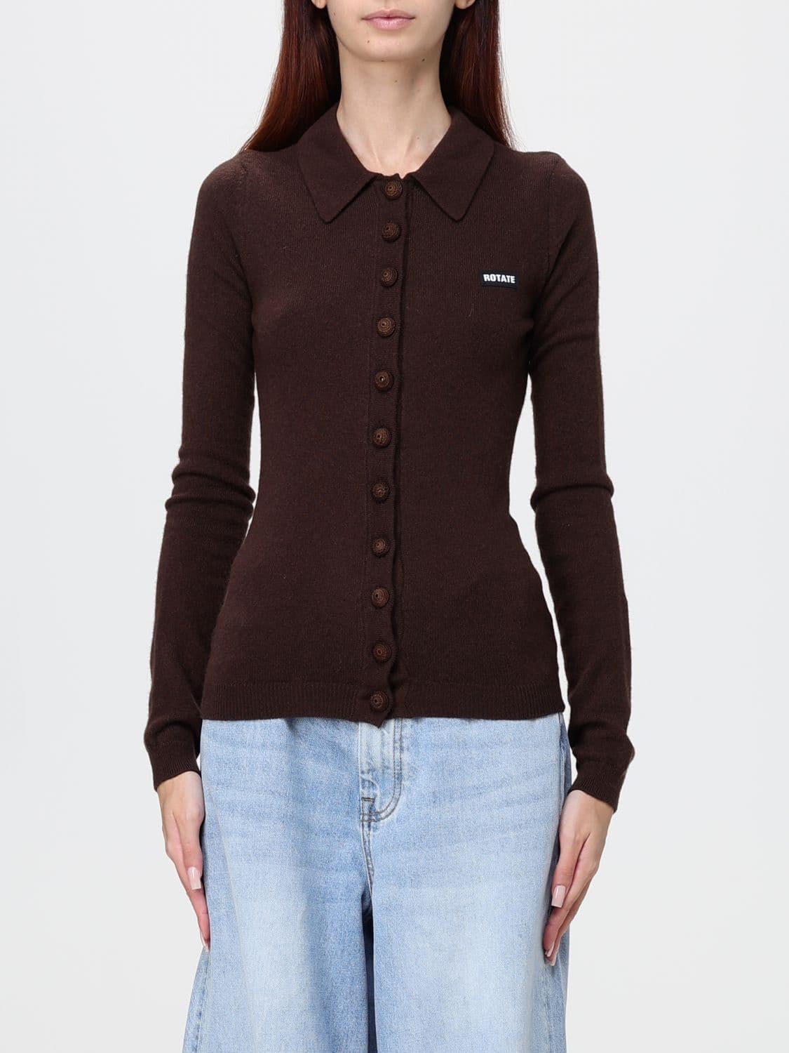 Rotate Slim Fit Wool and Cashmere Knit Polo Shirt with Long Sleeves and Logo