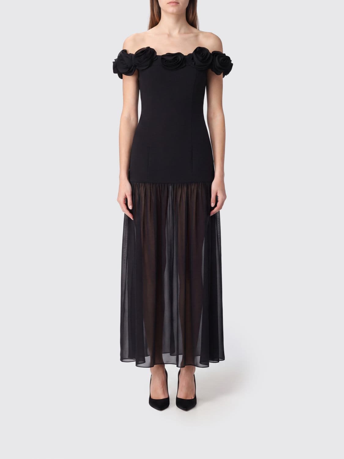 Rotate Strapless Crêpe Midi Evening Dress with Floral Appliqué