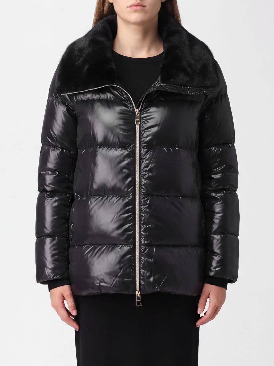 Herno Water-Repellent Nylon Short Down Jacket with Fur Funnel Neck