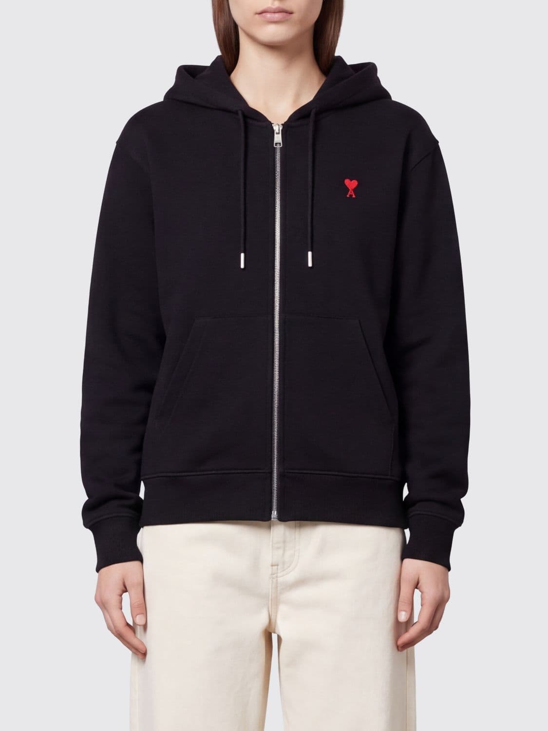 Ami Paris Cotton Zip-Up Hoodie with Embroidered Logo and Kangaroo Pocket