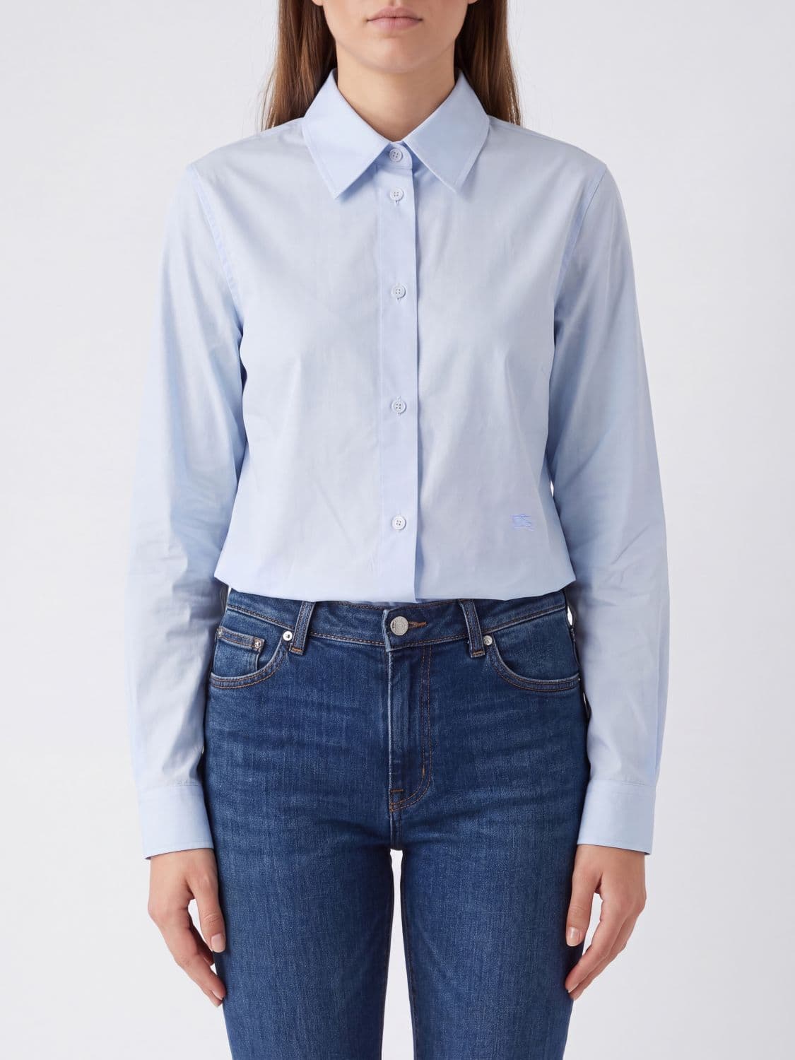 Burberry Slim Fit Blue Cotton Shirt with French Collar and Curved Hem