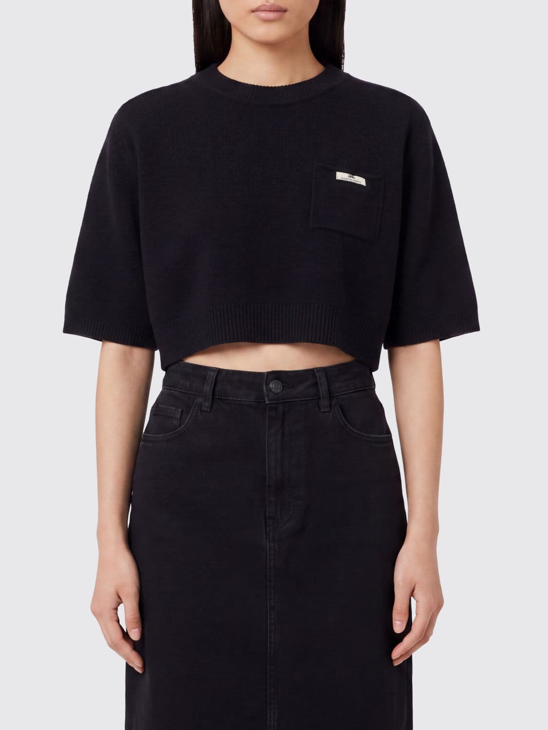 Elisabetta Franchi Cropped Wool and Cashmere Jumper with Contrast Logo
