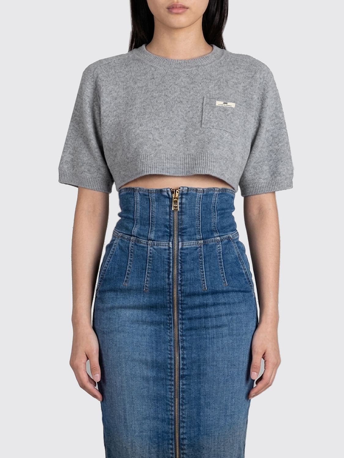 Elisabetta Franchi Cropped Wool and Cashmere Jumper with Contrast Logo