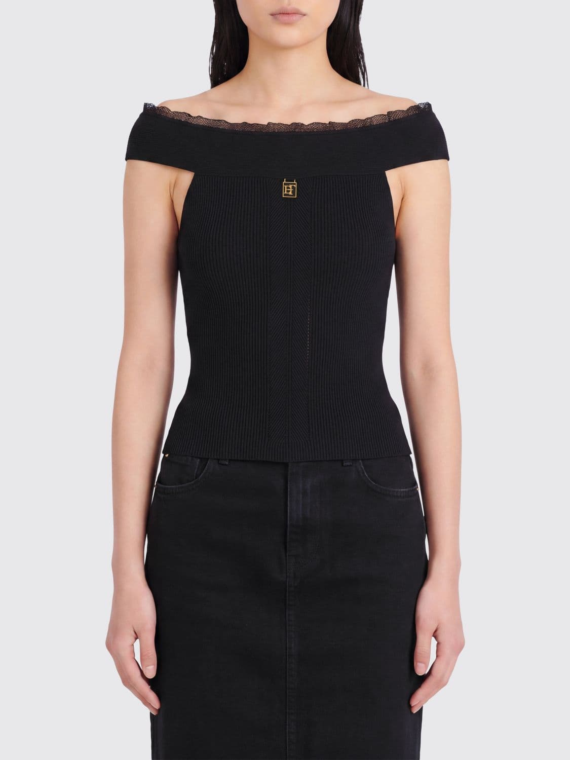 Elisabetta Franchi Off-The-Shoulder Ribbed Knit Top with Metal Logo