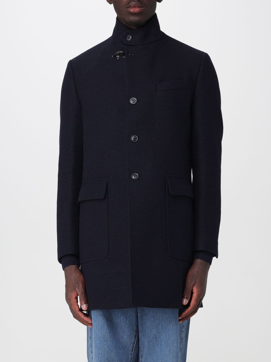 Fay Wool Short Coat with High Collar and Iconic Metal Hook