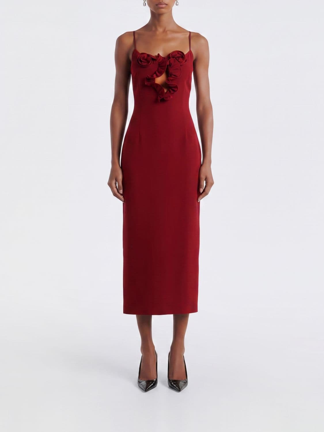 Magda Butrym Asymmetric Ruffled Midi Sheath Dress in Silk with Thin Straps