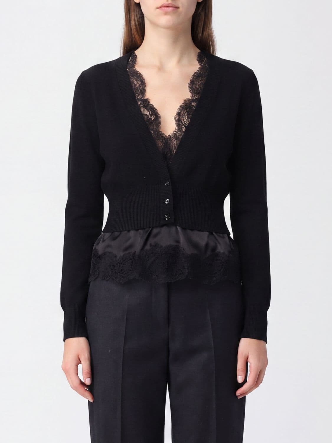 Ermanno Scervino Pure Cashmere Cardigan with Lace and Ruffled Hem