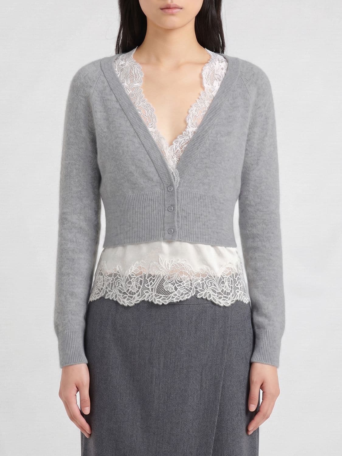 Ermanno Scervino Pure Cashmere Cardigan with Lace and Ruffled Hem