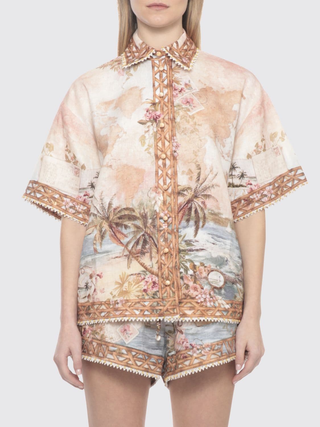 Zimmermann Tropical Print Linen Shirt with Contrast Piping · 2