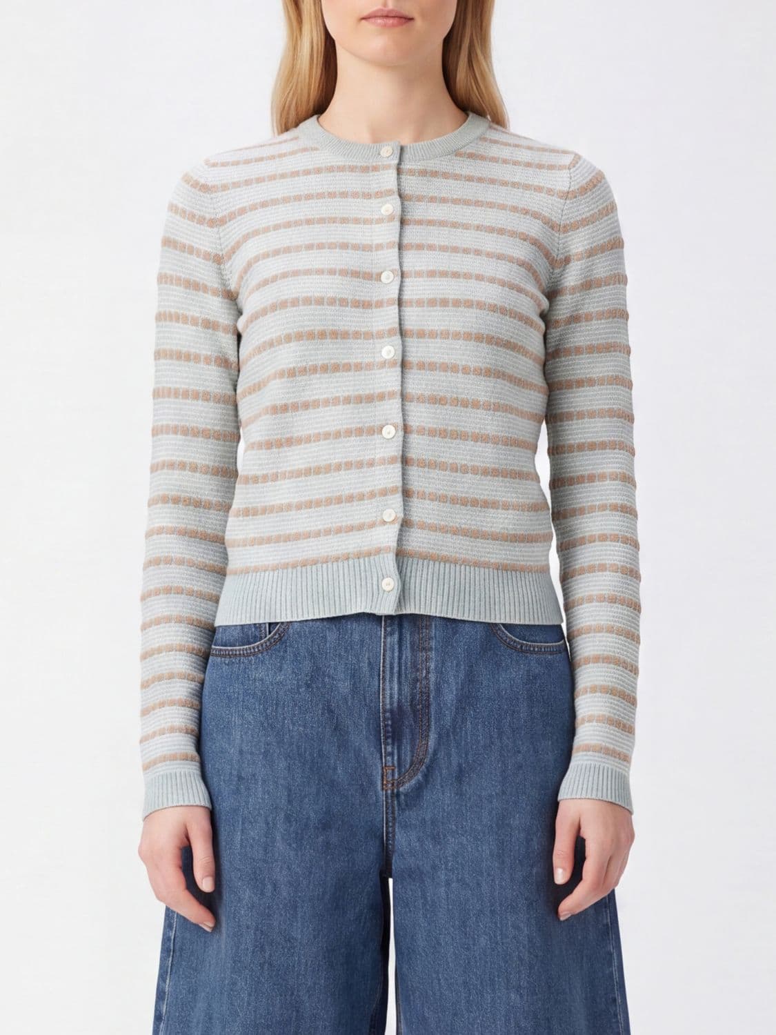 Guest In Residence Striped Crewneck Cardigan in Pure Cashmere with Buttons