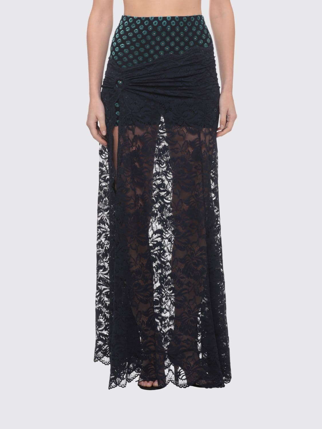 Rabanne High-Waisted Long Pencil Skirt in Geometric Pattern Lace