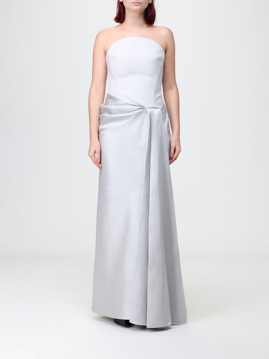 Solace London Off-the-Shoulder Satin Gown with Draped Waist and Back Slit