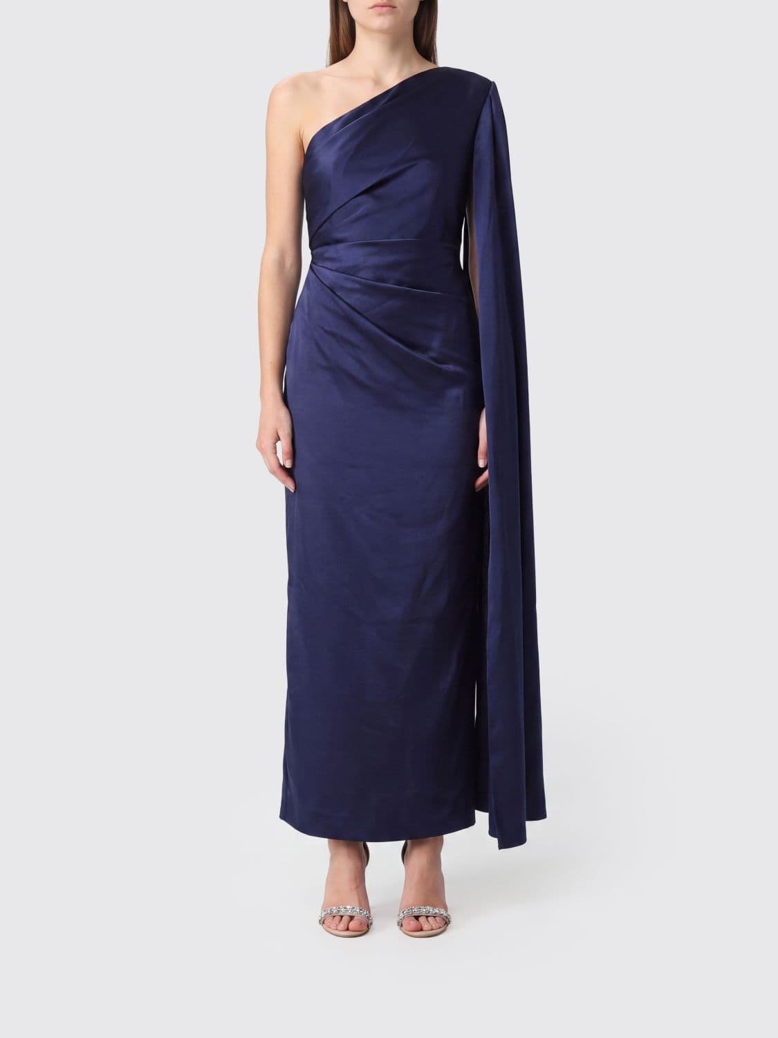 Solace London One-Shoulder Long Satin Gown with Draped Waist