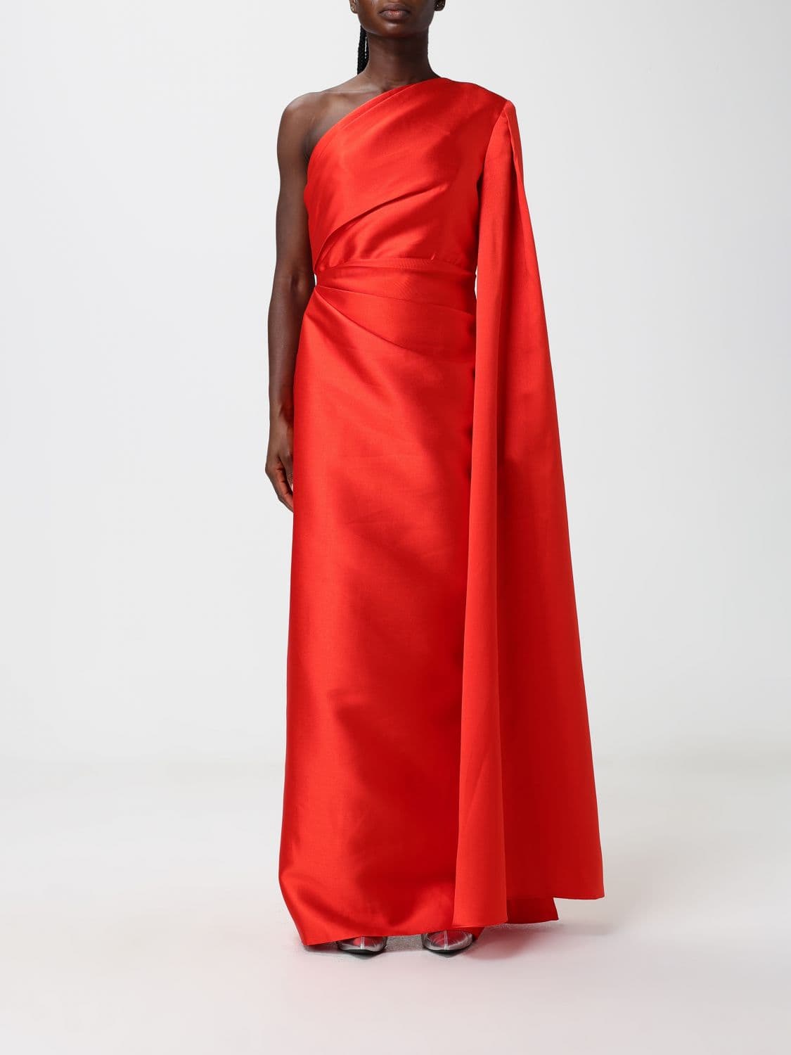 Solace London One-Shoulder Long Satin Gown with Draped Waist
