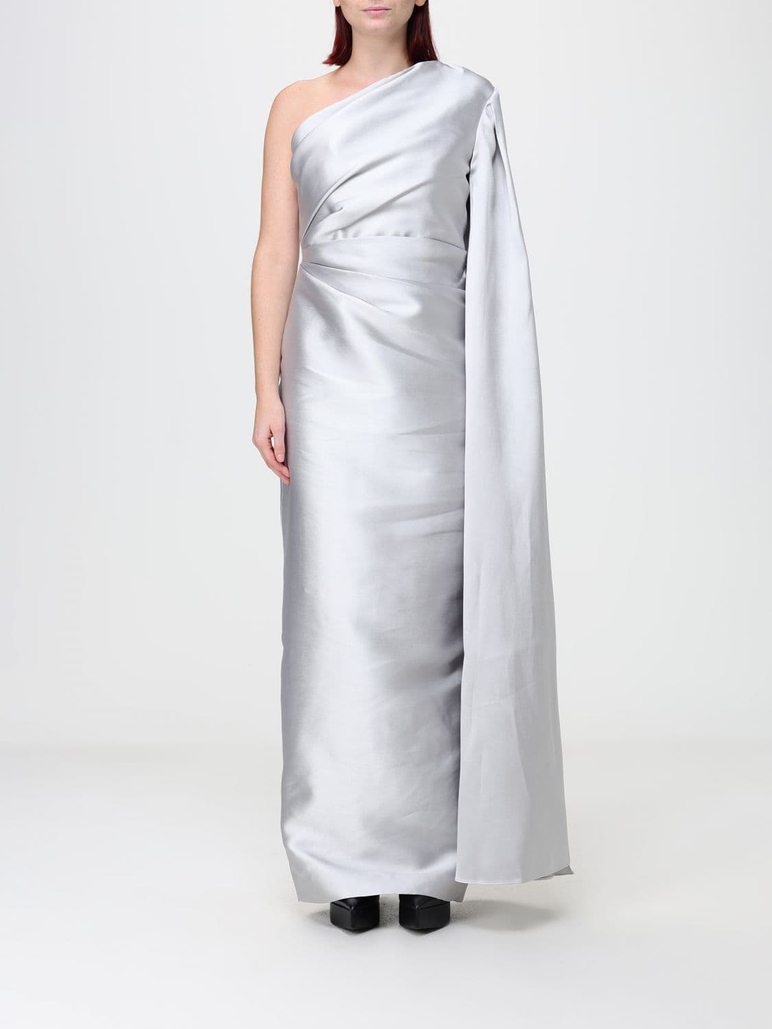 Solace London One-Shoulder Long Satin Gown with Draped Waist