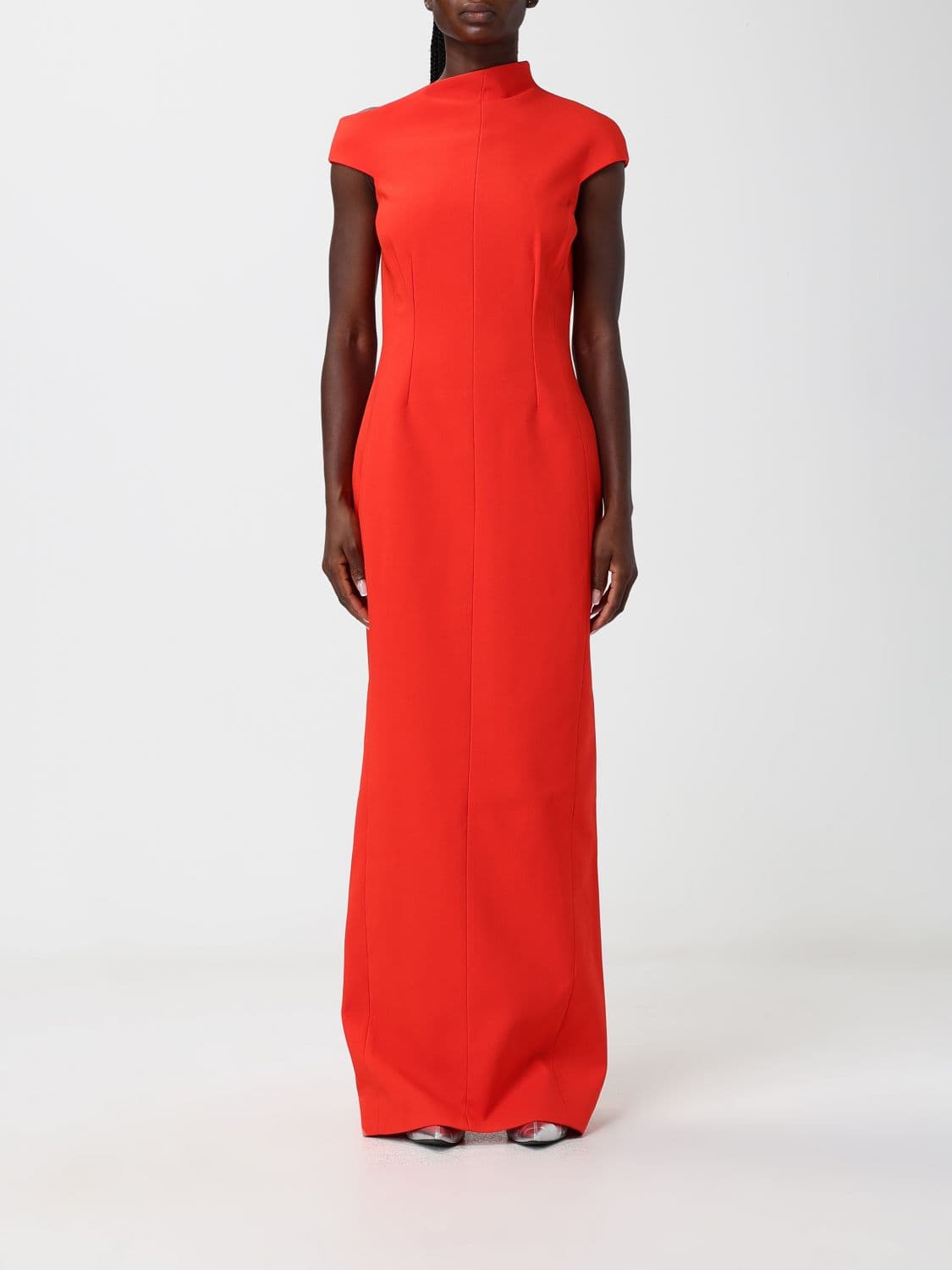 Solace London Long Crêpe Sheath Gown with an Asymmetrical Neckline