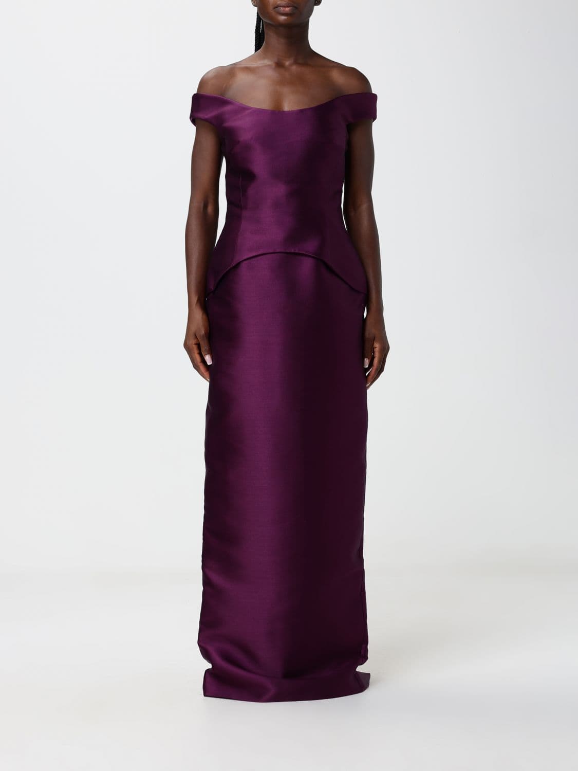 Solace London Off-the-Shoulder Satin Gown with a Straight Neckline