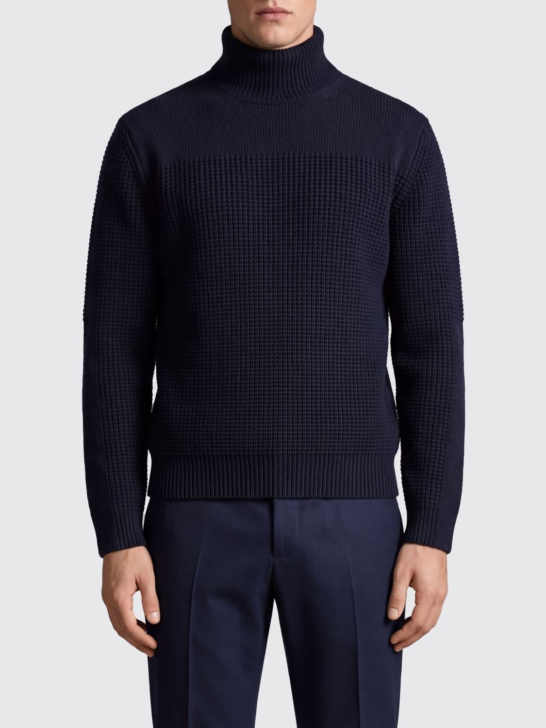Ferragamo Roll Neck Jumper in Navy Blue Virgin Wool with Ribbed Edges