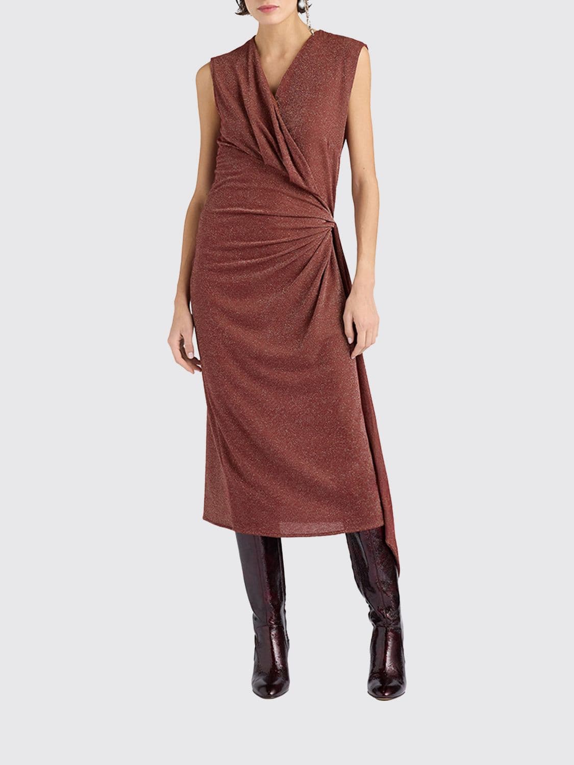 Momonì Roca V-Neck Sleeveless Midi Wrap Dress in Lurex Jersey