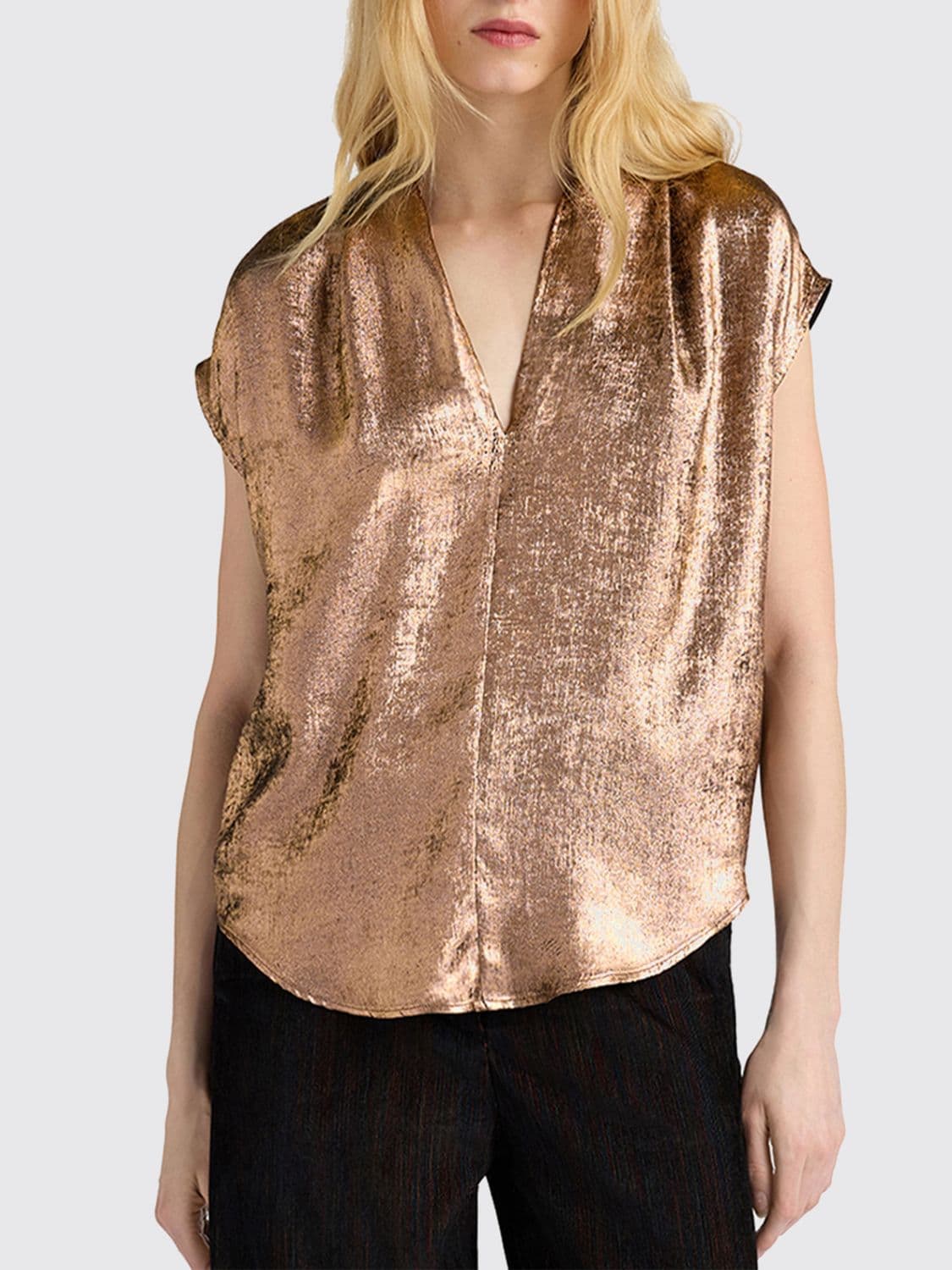 Momonì Floral Print Lamé Jersey Blouse with V-Neck