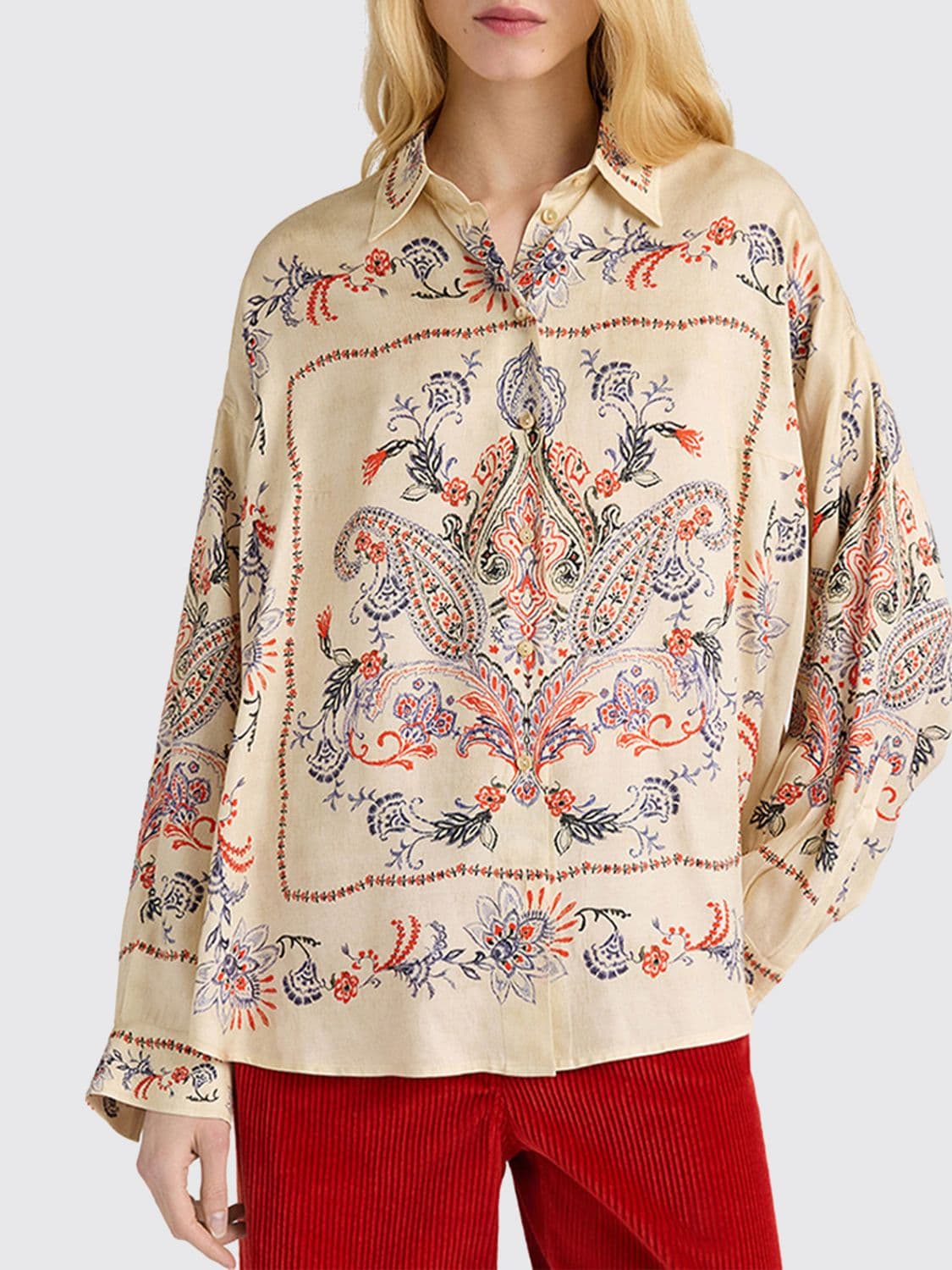 Momonì Pitanga Bis Relaxed Fit Satin Shirt with Ethnic Print